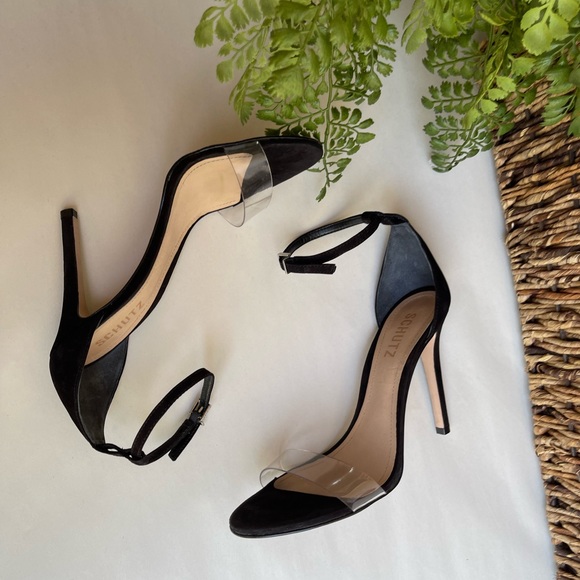 SCHUTZ black suede Ankle strap clear strap On top Sandal Size  6.5 womens - Picture 3 of 13